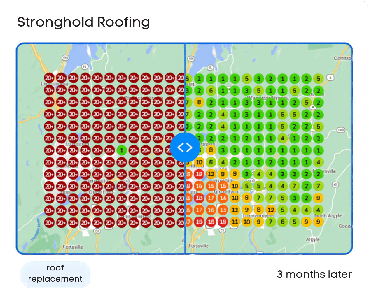 Geographic heatmap showing Google Map Pack rank improvement from rank 8+ to top 3 across a roofing service area over 90 days